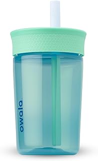 Owala Kids Insulation BPA-Free Plastic Tumbler with Spill Resistant Flexible Straw, Easy to Clean, Kids Water Bottle, Great for Travel, Dishwasher Safe, 15 Oz, Teal and Aqua (The Blues)