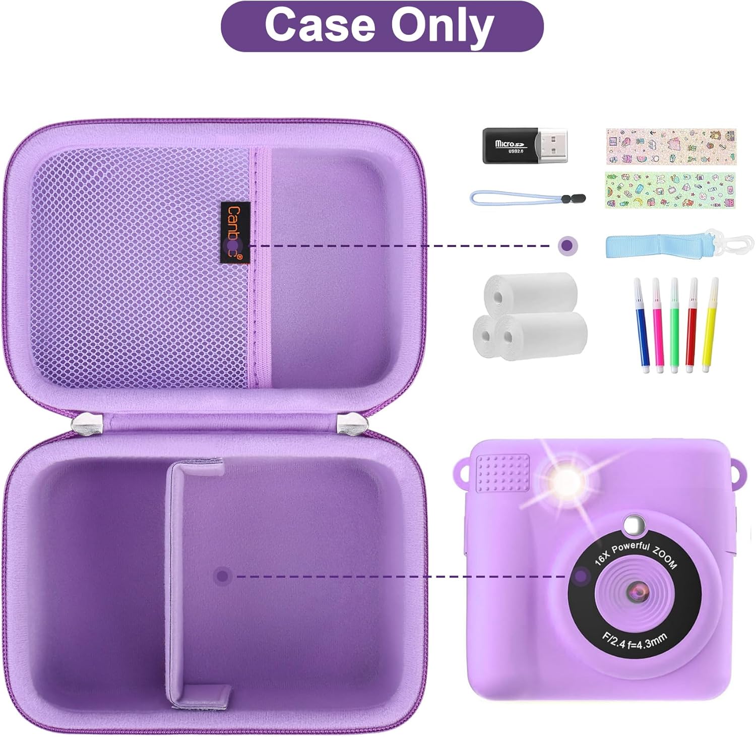 Canboc Camera Case Compatible with ESOXOFFORE/GKTZ/WEEFUN Instant Print Camera, Toddler Digital Video Cameras Bag fit Print Paper, Colorful Pen, USB Cable, Purple (Case Only)-2