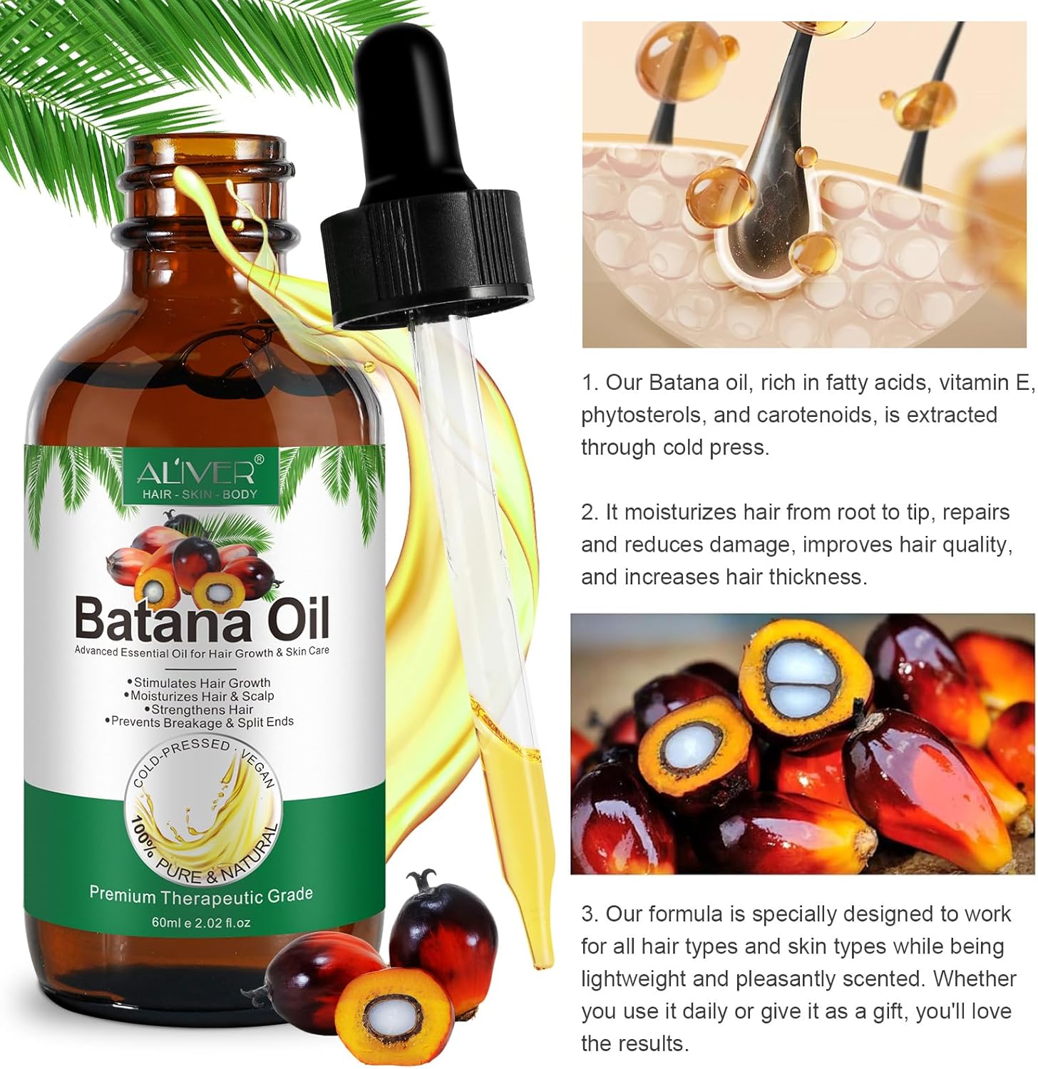 Batana Oil for Hair Growth, Pure Organic Natural and Cold Pressed Hair Oil for Hydrating & Repairing Dry, Damaged Hair Skin Care, Face, Body-3