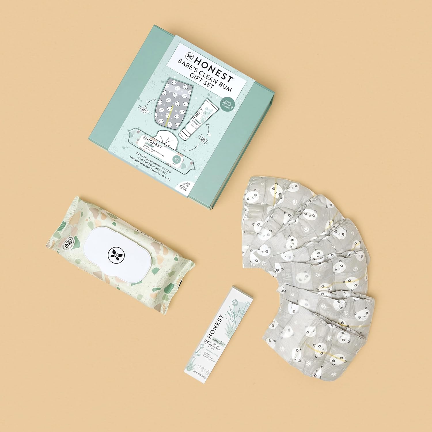 The Honest Company Babe's Clean Bum Gift Set | Diapering + Newborn Essentials | 99% Water Wipes (60 ct), Diaper Rash Cream (2.5 oz), Clean Conscious Diapers (Size 1, 7 ct)-1