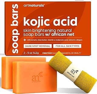 Artnaturals Kojic Acid Soap + African Net Sponge (2 pack X 142g Turmeric bars) Dark spot remover & Scars - Original Japanese Complex Vitamin C, Hyaluronic Acid, retinol, shea butter (Citrus)