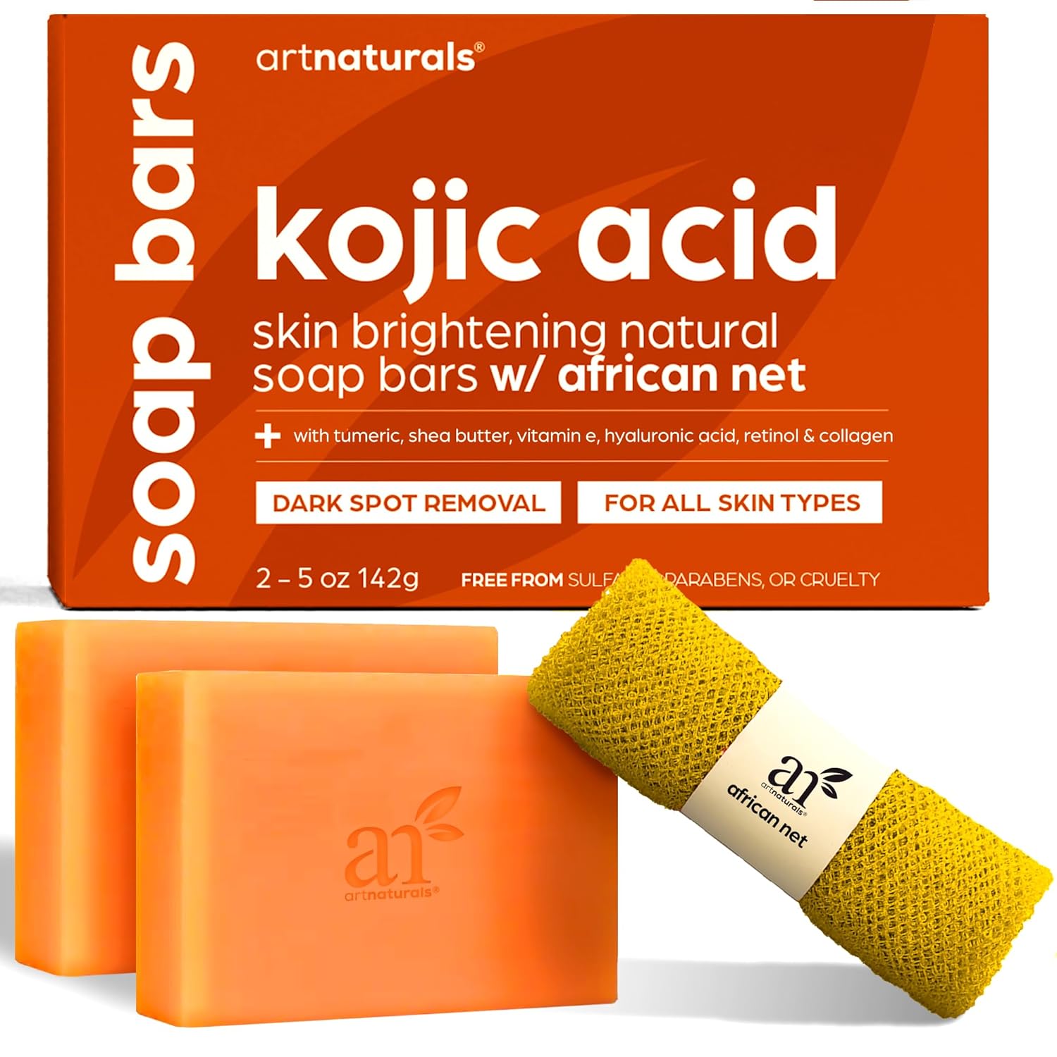 Artnaturals Kojic Acid Soap + African Net Sponge (2 pack X 142g Turmeric bars) Dark spot remover & Scars - Original Japanese Complex Vitamin C, Hyaluronic Acid, retinol, shea butter (Citrus)-0