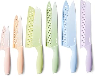 CAROTE 12Pcs Kitchen Knife Set, Stainless Steel Blade with Ceramic Nonstick Coating, Cutlery Knives with Blade Guards, Dishwasher Safe, Multicolored