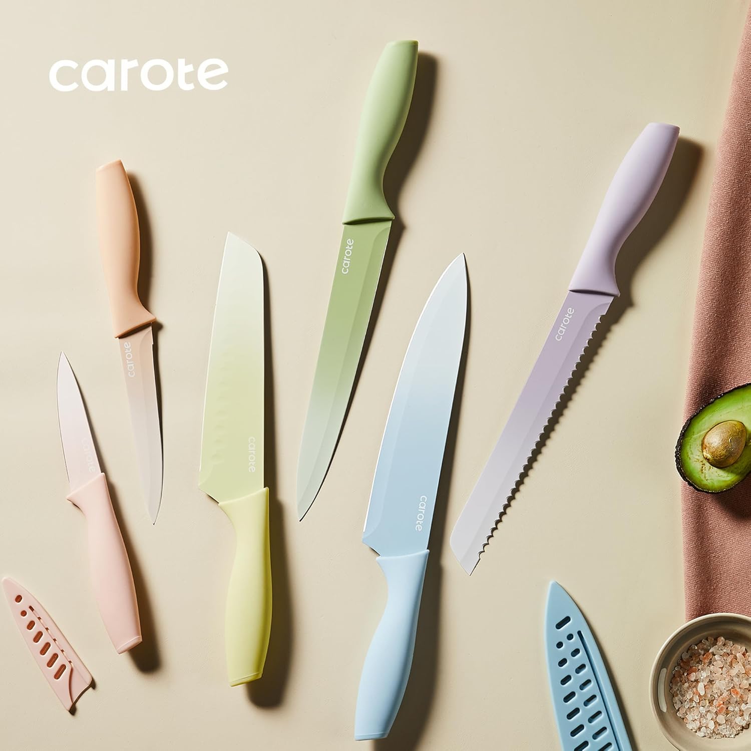 CAROTE 12Pcs Kitchen Knife Set, Stainless Steel Blade with Ceramic Nonstick Coating, Cutlery Knives with Blade Guards, Dishwasher Safe, Multicolored-7