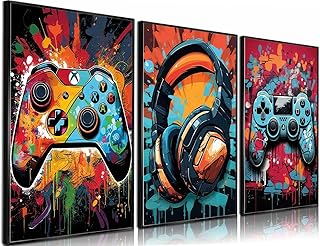 3Pcs Cool Gaming Wall Art Retro Video Game watercolor Posters Pictures Colorful Neon Gamepad Canvas Painting Prints for Boys Room Kids Game Room Bedroom for Boys Home Decoration 12x16in Unframed