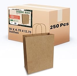 TEEK EJ22 FSC Certified 10 X 4.75 X 12.75 Inches 250 PCS Debbie Brown Paper Bags with Handles - Brown Gift Bags, Kraft Paper Bag with Twisted Handles, Shopping Bags for Small Business, Retail Stores