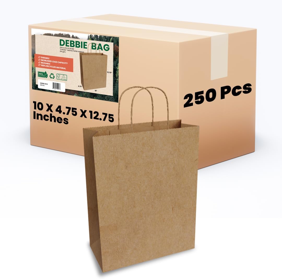 TEEK EJ22 FSC Certified 10 X 4.75 X 12.75 Inches 250 PCS Debbie Brown Paper Bags with Handles - Brown Gift Bags, Kraft Paper Bag with Twisted Handles, Shopping Bags for Small Business, Retail Stores-0