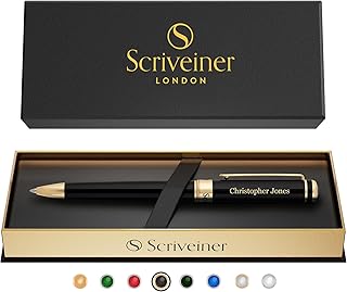 Scriveiner Personalized Black Ballpoint Pen - Stunning Luxury Pen, Jet Black Lacquer, 24K Gold Finish, Schmidt Ink Refill, Best Engraved Ball Point Gift Set for Men & Women, Custom Name Engraving