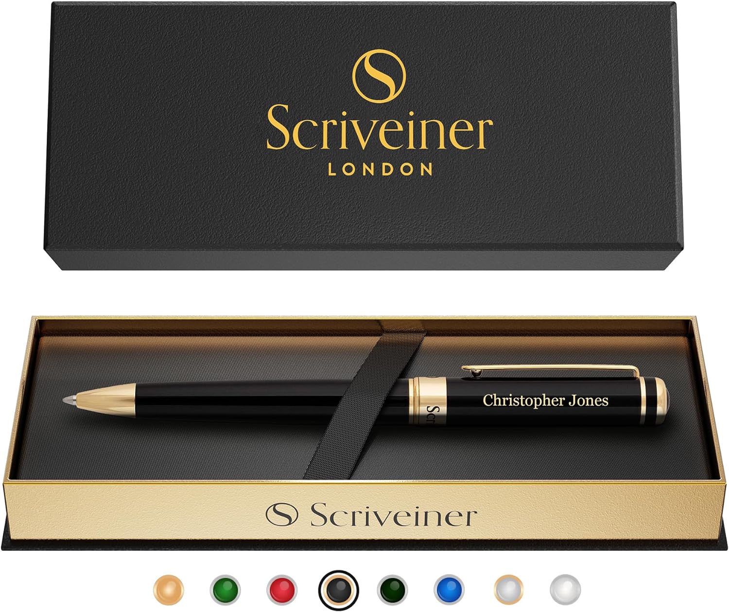 Scriveiner Personalized Black Ballpoint Pen - Stunning Luxury Pen, Jet Black Lacquer, 24K Gold Finish, Schmidt Ink Refill, Best Engraved Ball Point Gift Set for Men & Women, Custom Name Engraving-0