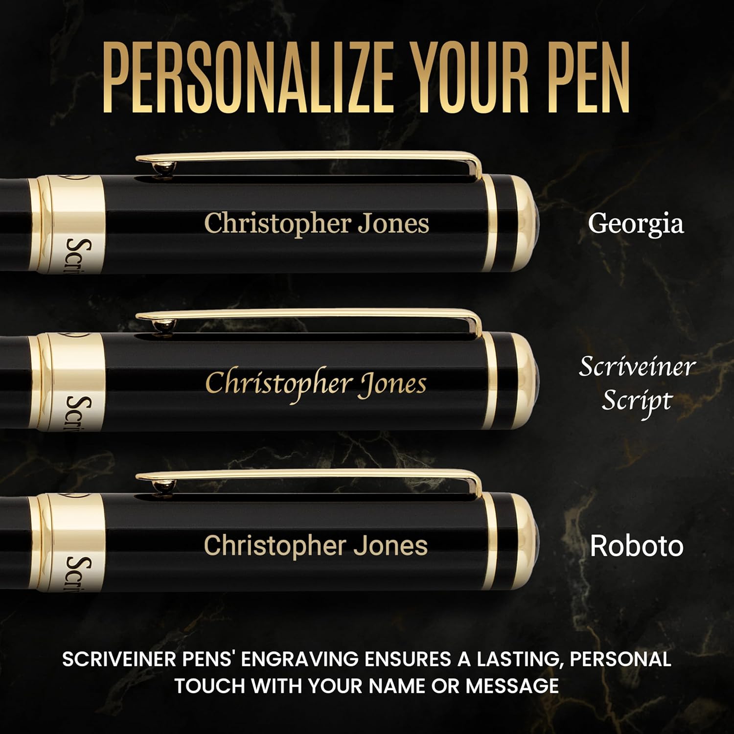 Scriveiner Personalized Black Ballpoint Pen - Stunning Luxury Pen, Jet Black Lacquer, 24K Gold Finish, Schmidt Ink Refill, Best Engraved Ball Point Gift Set for Men & Women, Custom Name Engraving-1