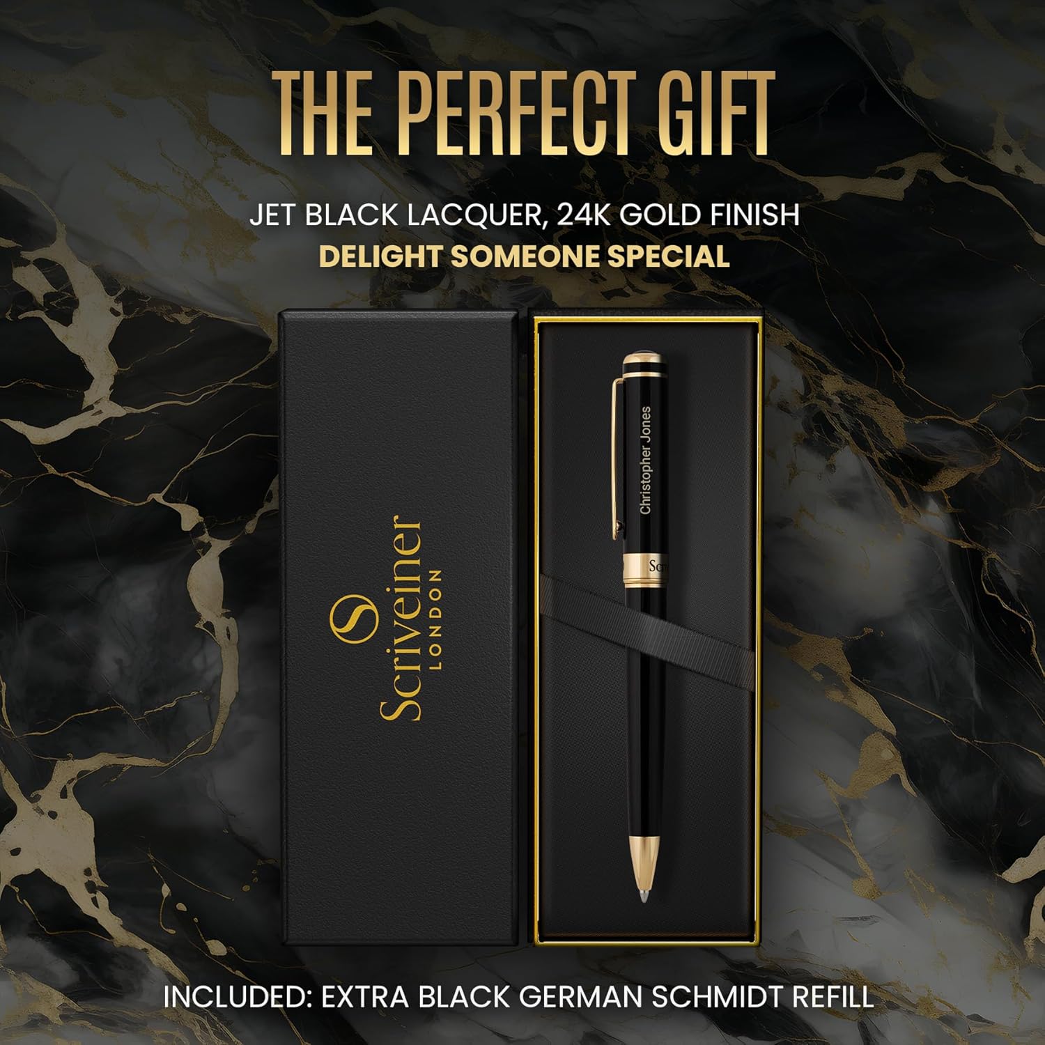 Scriveiner Personalized Black Ballpoint Pen - Stunning Luxury Pen, Jet Black Lacquer, 24K Gold Finish, Schmidt Ink Refill, Best Engraved Ball Point Gift Set for Men & Women, Custom Name Engraving-2