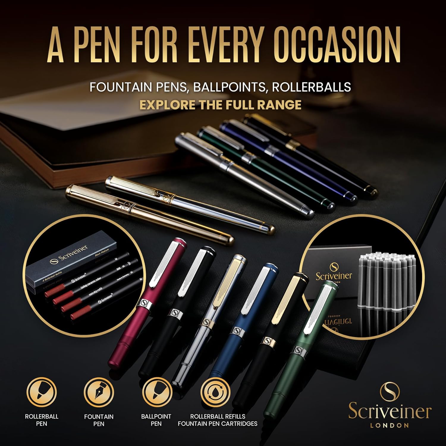 Scriveiner Personalized Black Ballpoint Pen - Stunning Luxury Pen, Jet Black Lacquer, 24K Gold Finish, Schmidt Ink Refill, Best Engraved Ball Point Gift Set for Men & Women, Custom Name Engraving-7