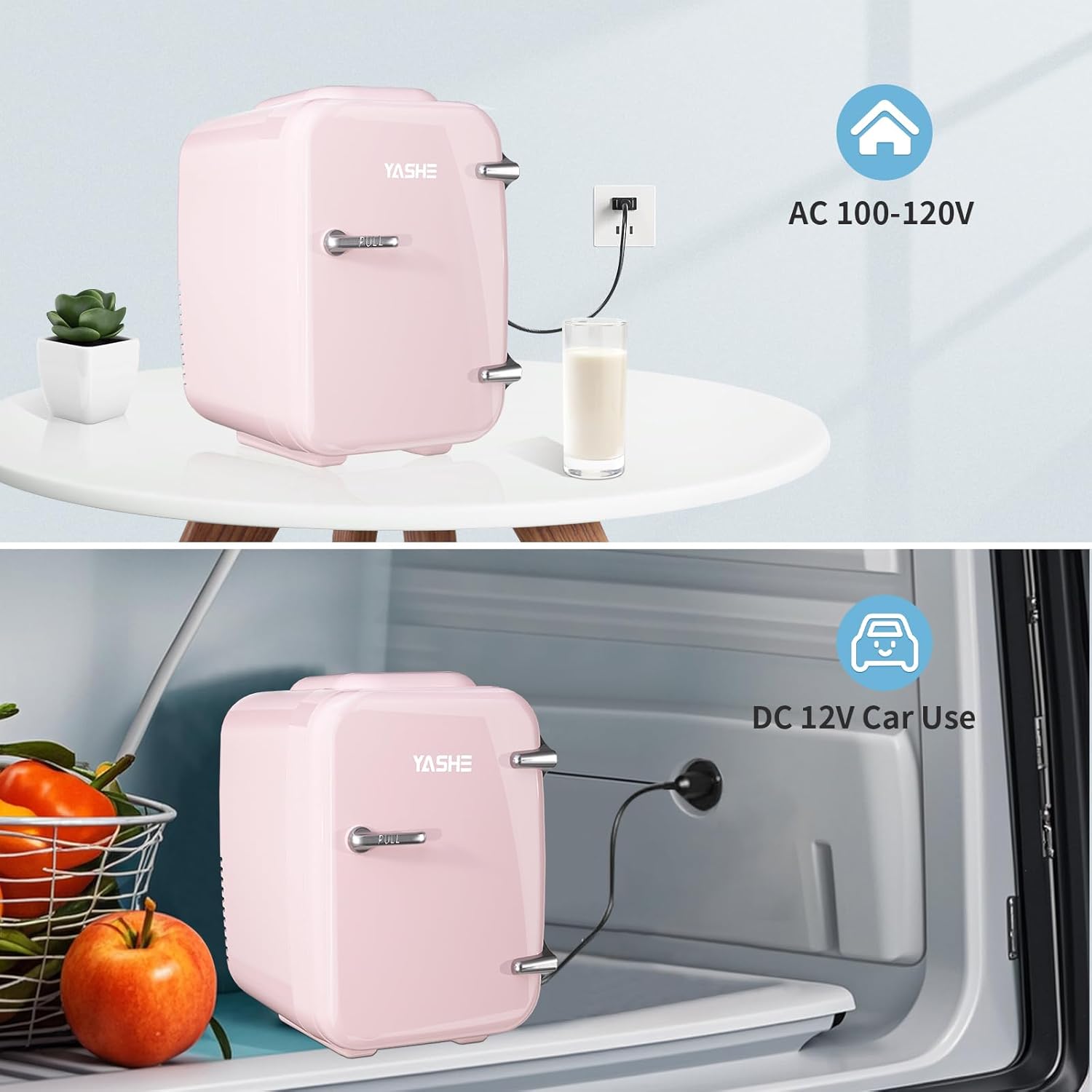 YASHE Mini Fridge, 4 Liter/6 Cans Small Refrigerator for Skincare, 110V AC/ 12V DC Thermoelectric Cooler and Warmer for Drink Office Dorm Bedroom Car, Pink-5