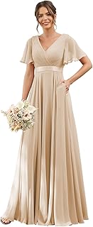 TIRAS Women's V Neck Bridesmaid Dresses Flutter Sleeves Ruched Chiffon Long Formal Dress with Pockets