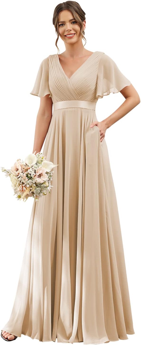 TIRAS Women's V Neck Bridesmaid Dresses Flutter Sleeves Ruched Chiffon Long Formal Dress with Pockets-0