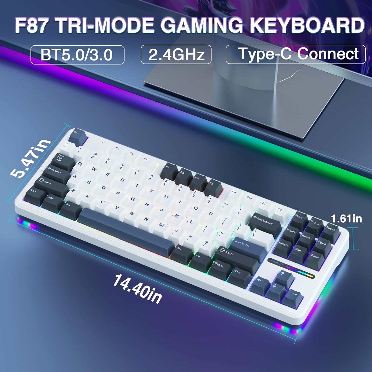 AULA F87 Wireless Mechanical Keyboard,75% TKL Custom Hot Swappable Keyboard,Gasket Mount Gaming Keyboard with PBT Keycaps,Pre-lubed Greywood Switches,2.4GHz/USB-C/BT5.0 RGB Backlit Mechanical Keyboard-1