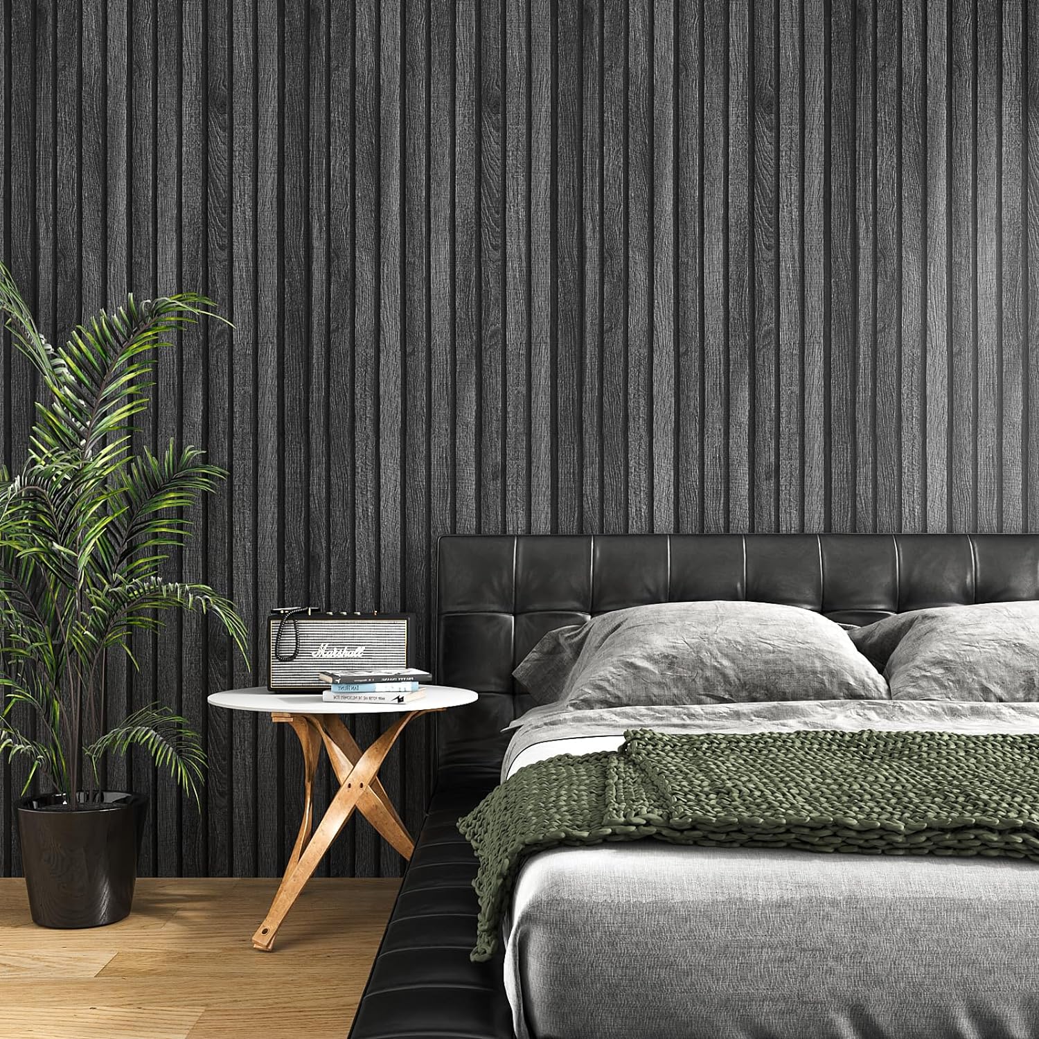 VEELIKE 15.7''x354'' Modern Charcoal Black Wood Slat Wallpaper Peel and Stick Dark Wooden Slat Wall Panel Contact Paper for Walls Adhesive Removable Wood Wallpaper for Bedroom Living Room Farmhouse-1