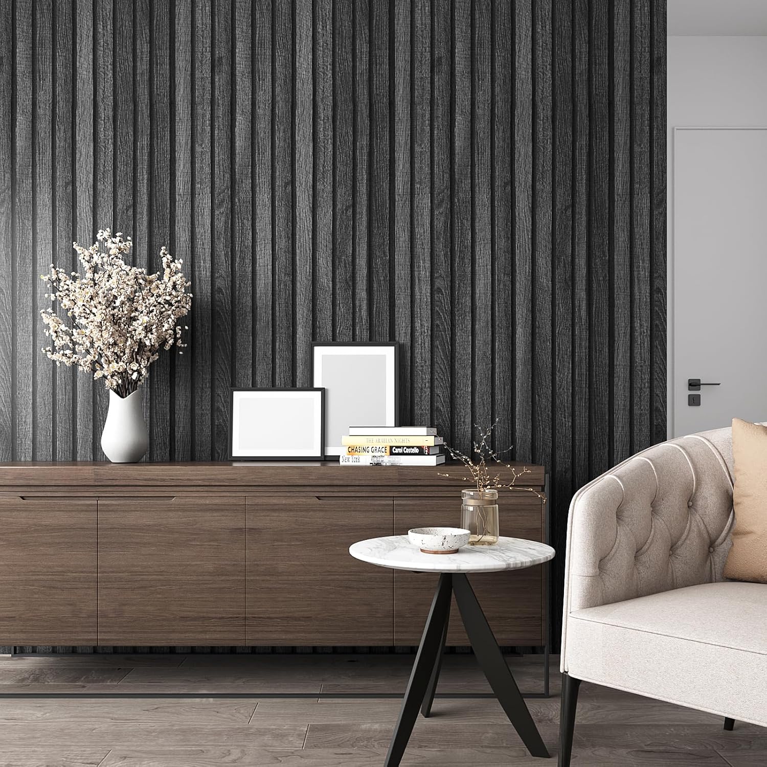 VEELIKE 15.7''x354'' Modern Charcoal Black Wood Slat Wallpaper Peel and Stick Dark Wooden Slat Wall Panel Contact Paper for Walls Adhesive Removable Wood Wallpaper for Bedroom Living Room Farmhouse-2