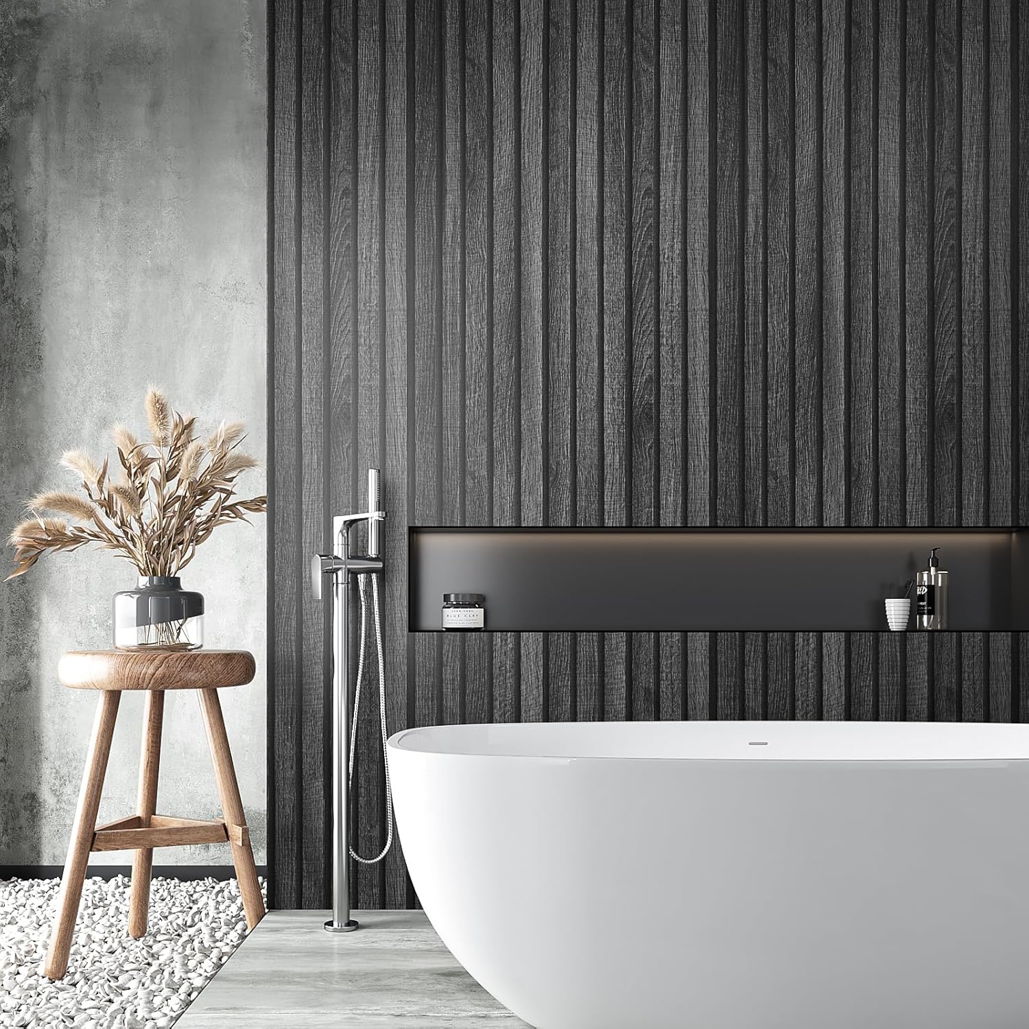 VEELIKE 15.7''x354'' Modern Charcoal Black Wood Slat Wallpaper Peel and Stick Dark Wooden Slat Wall Panel Contact Paper for Walls Adhesive Removable Wood Wallpaper for Bedroom Living Room Farmhouse-3