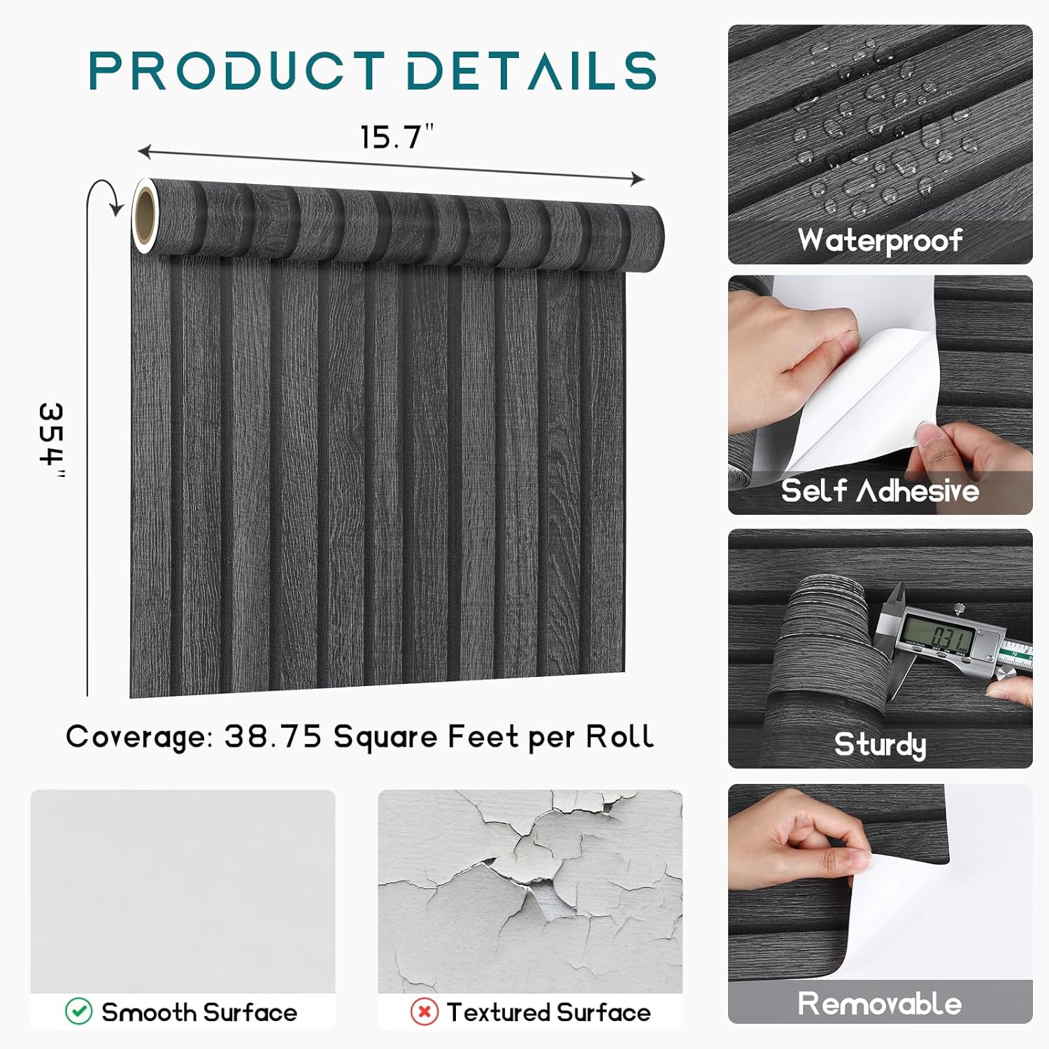 VEELIKE 15.7''x354'' Modern Charcoal Black Wood Slat Wallpaper Peel and Stick Dark Wooden Slat Wall Panel Contact Paper for Walls Adhesive Removable Wood Wallpaper for Bedroom Living Room Farmhouse-8