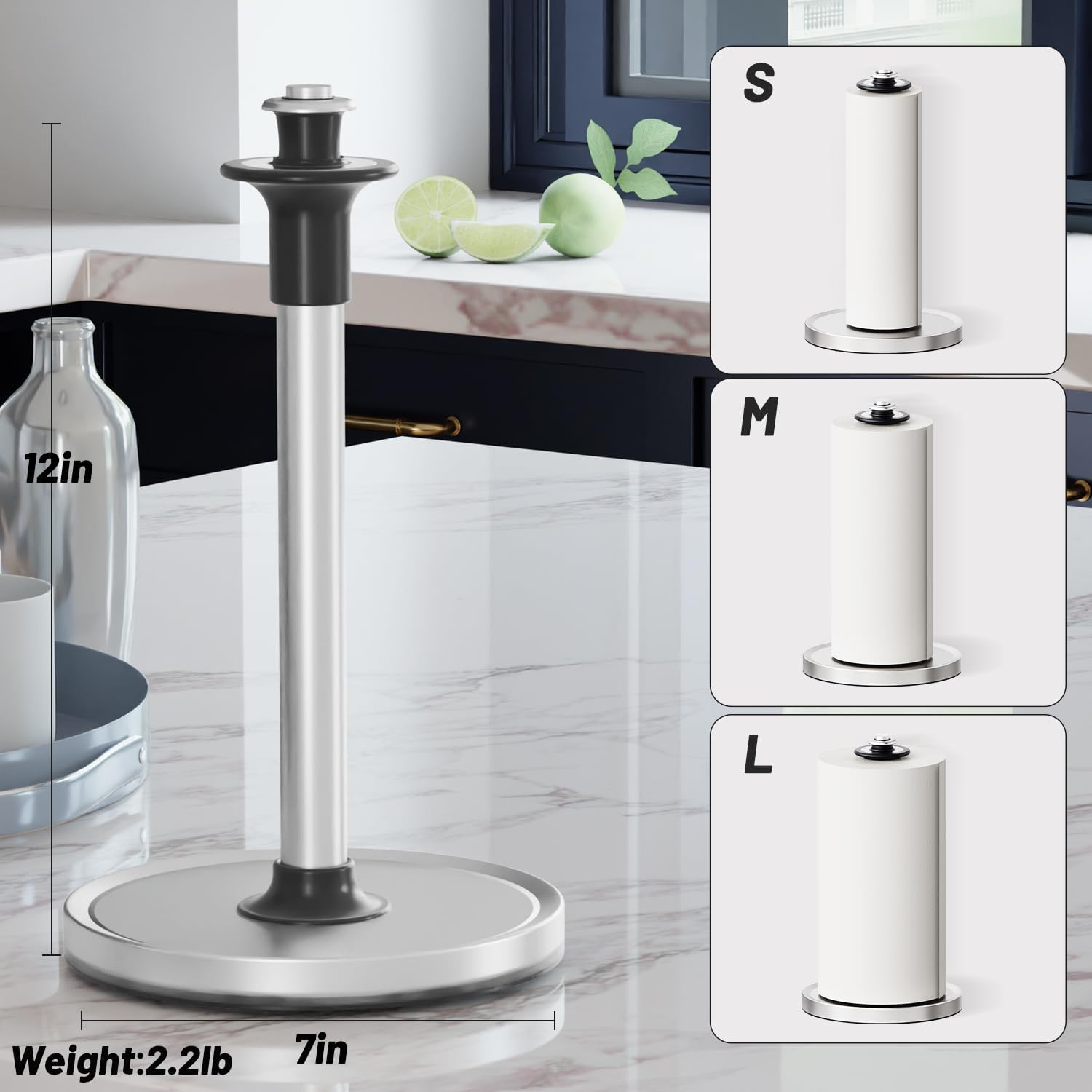 VEHHE Paper Towel Holder Countertop, Unique Damping Spring Structure for One-Handed Tearing, Stainless Steel Paper Towel Holder with Weighted Base and Suction Cups for Kitchen Bathroom-6