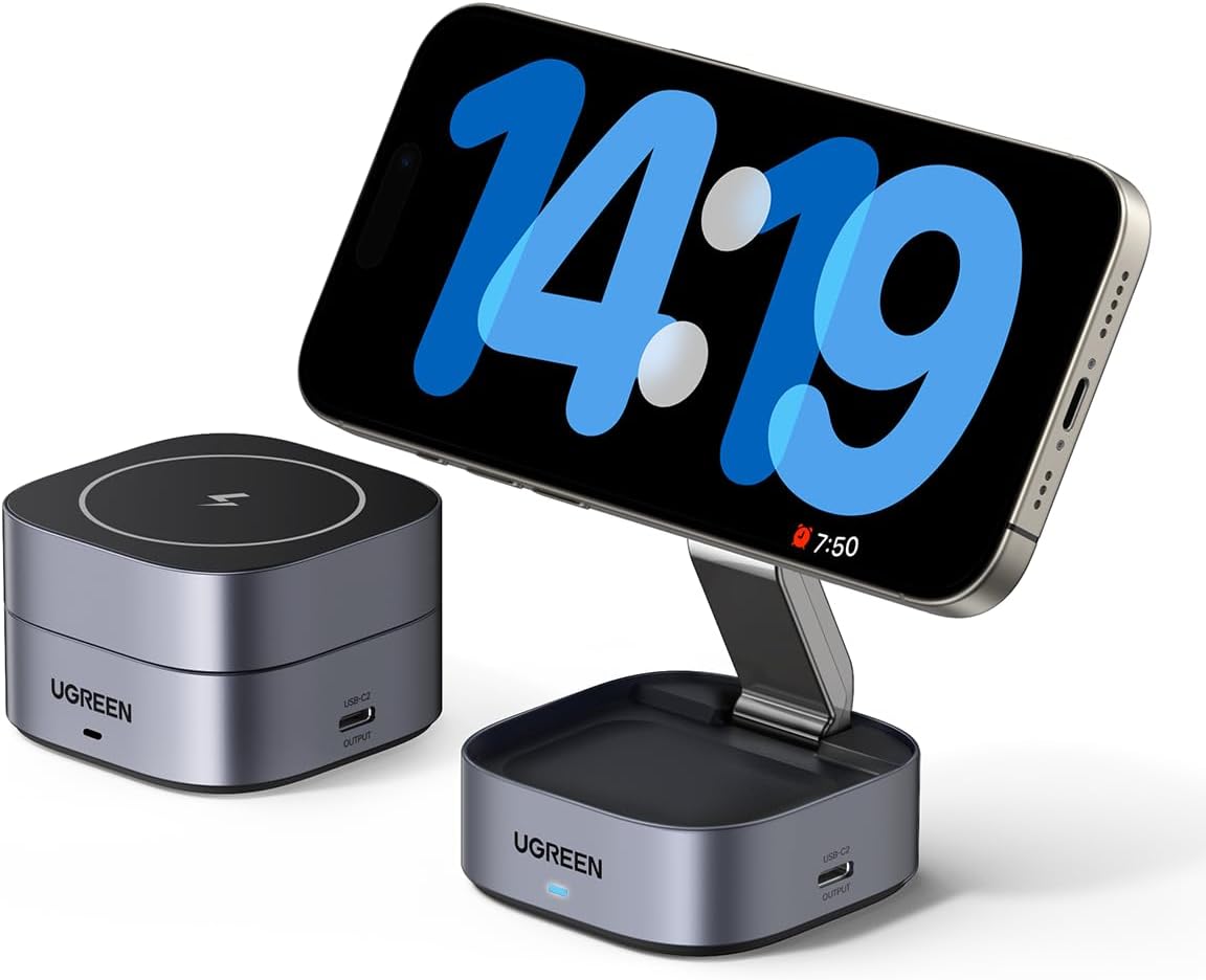 UGREEN MagFlow Magnetic Foldable Charging Station, 2-in-1 Fast Wireless Charger Compatible with iPhone 16 15 14 13 12, Airpods3 2 Pro (No AC Adapter)-0