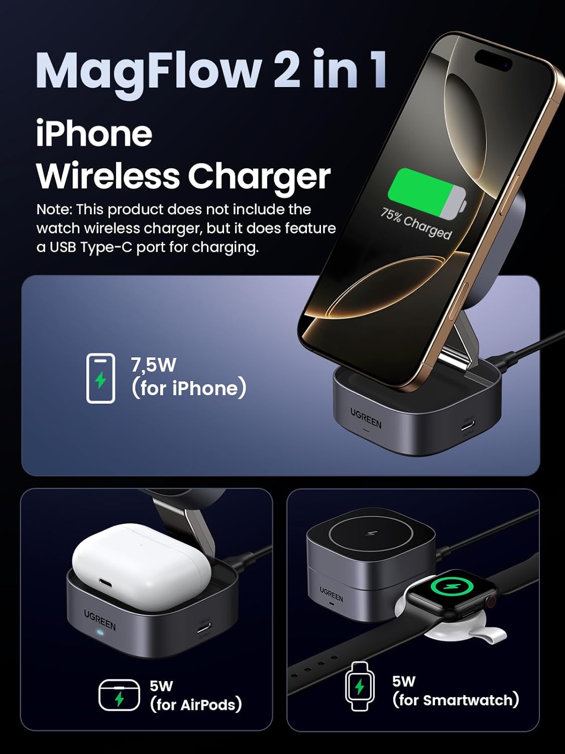 UGREEN MagFlow Magnetic Foldable Charging Station, 2-in-1 Fast Wireless Charger Compatible with iPhone 16 15 14 13 12, Airpods3 2 Pro (No AC Adapter)-2