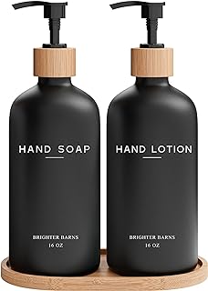 Black Glass Soap Dispenser Bathroom Set by Brighter Barns - Soap and Lotion Dispenser Bathroom Set with Tray- Liquid Hand Soap Dispenser and Pump - Bamboo Bathroom Accessories & Modern Bathroom Decor