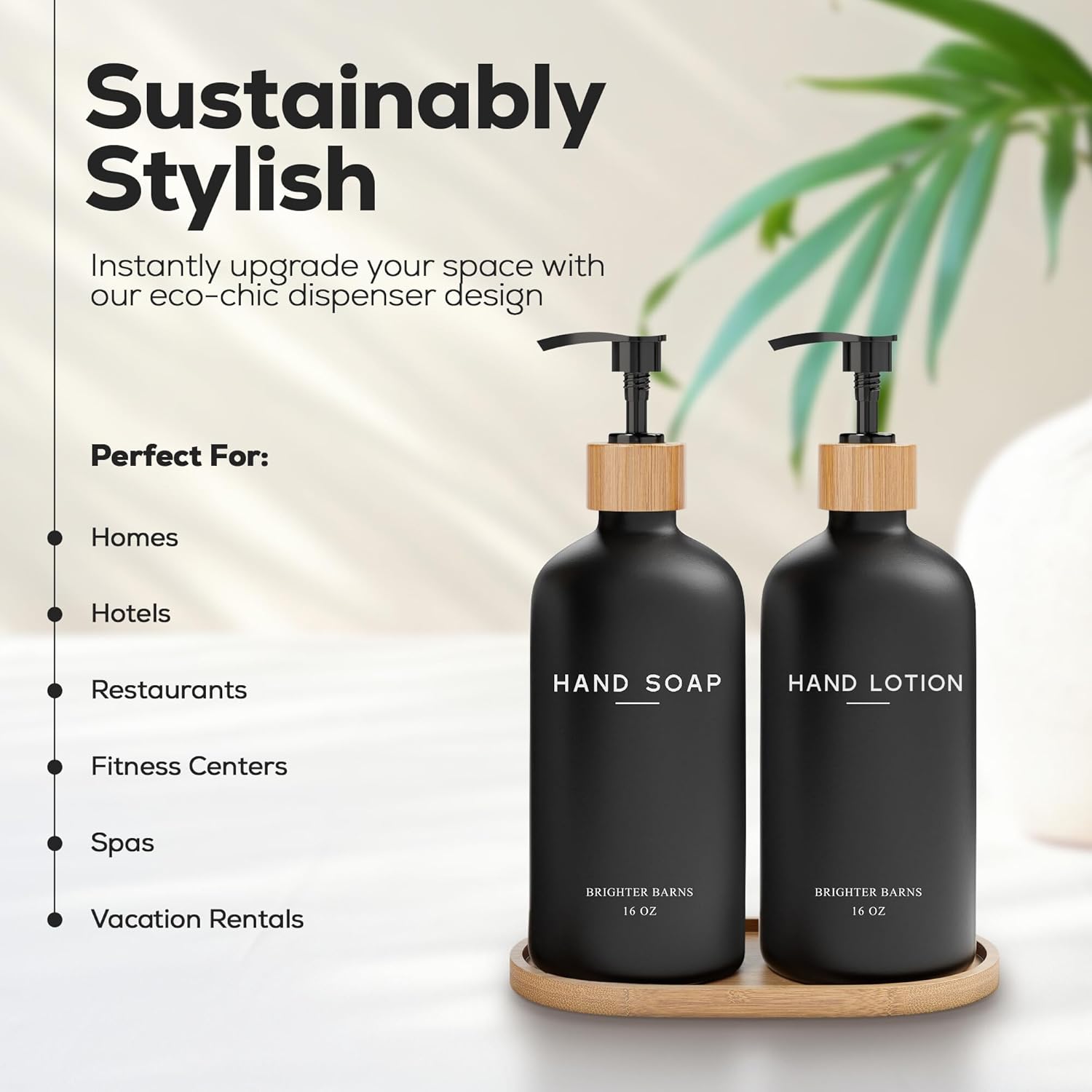 Black Glass Soap Dispenser Bathroom Set by Brighter Barns - Soap and Lotion Dispenser Bathroom Set with Tray- Liquid Hand Soap Dispenser and Pump - Bamboo Bathroom Accessories & Modern Bathroom Decor-1