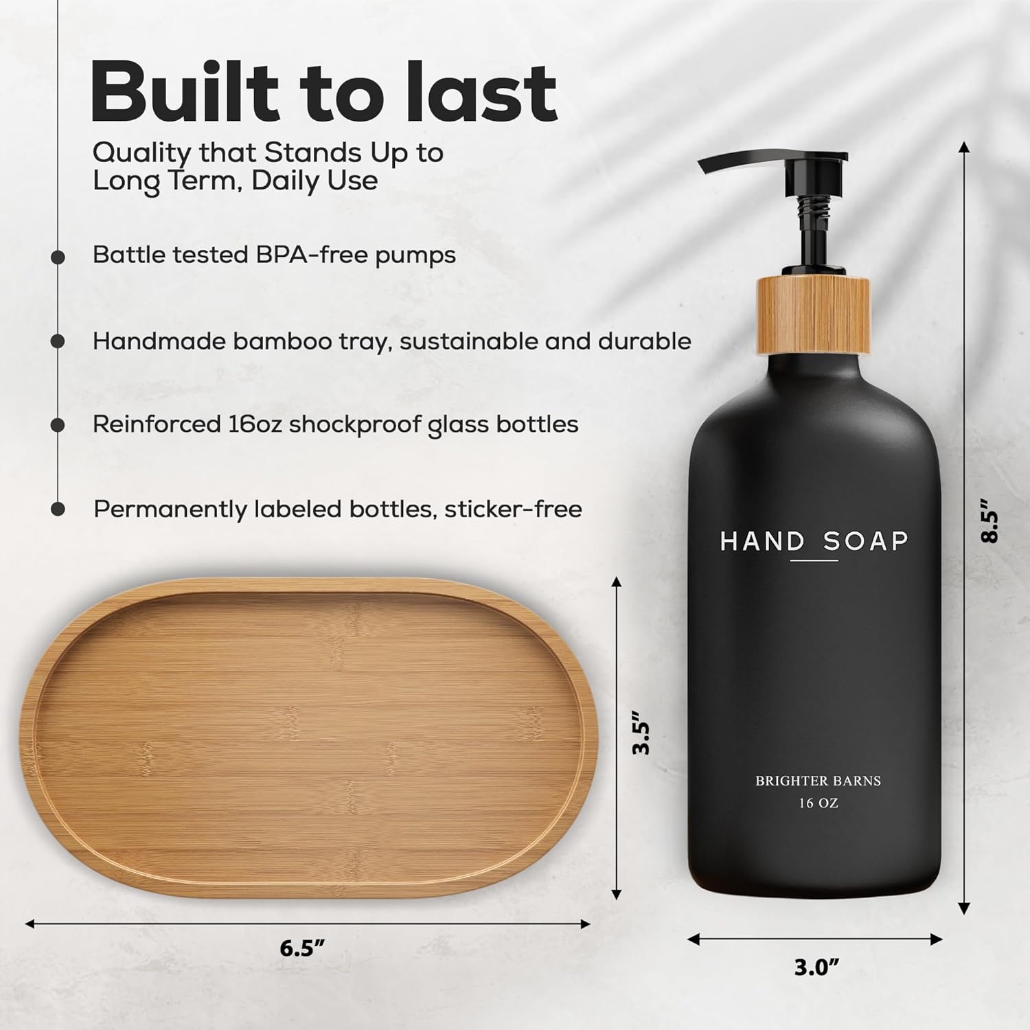 Black Glass Soap Dispenser Bathroom Set by Brighter Barns - Soap and Lotion Dispenser Bathroom Set with Tray- Liquid Hand Soap Dispenser and Pump - Bamboo Bathroom Accessories & Modern Bathroom Decor-2