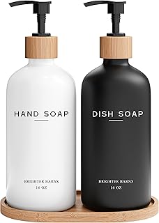 Luxury Glass Hand and Dish Soap Dispenser Set by Brighter Barns - Kitchen Soap Dispenser Set with Tray - Bamboo Soap Dispenser for Kitchen Sink - Boho Kitchen Decor, Modern Decor (Black/White)