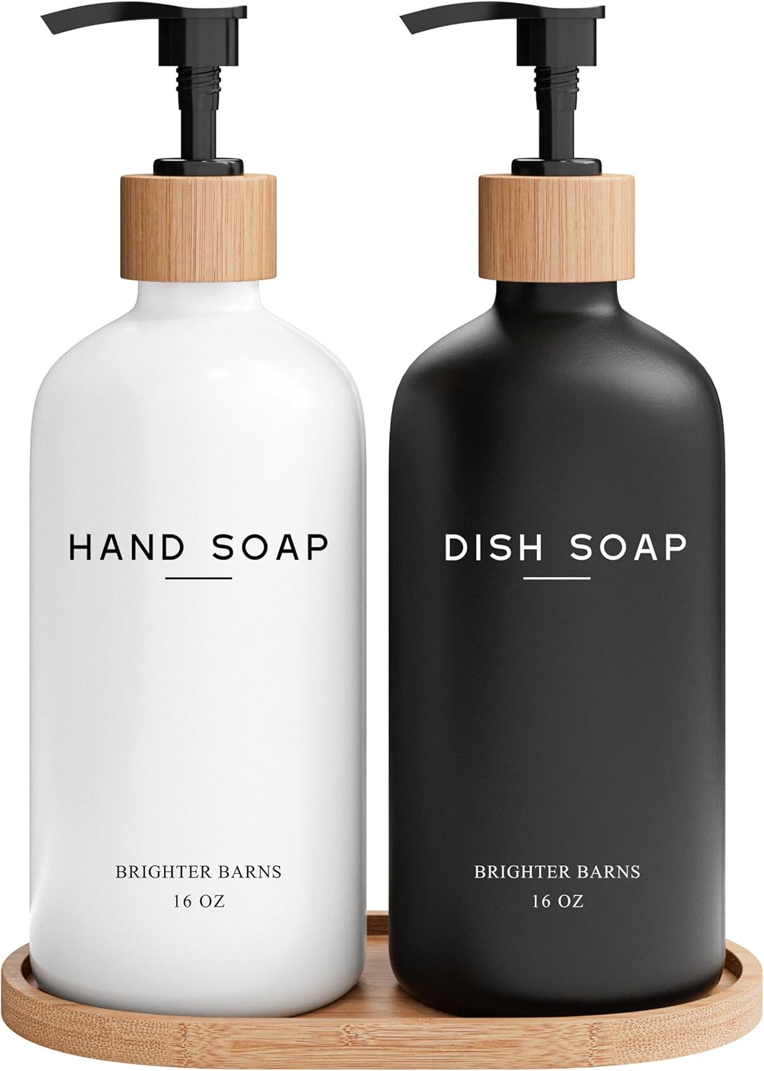 Luxury Glass Hand and Dish Soap Dispenser Set by Brighter Barns - Kitchen Soap Dispenser Set with Tray - Bamboo Soap Dispenser for Kitchen Sink - Boho Kitchen Decor, Modern Decor (Black/White)-0