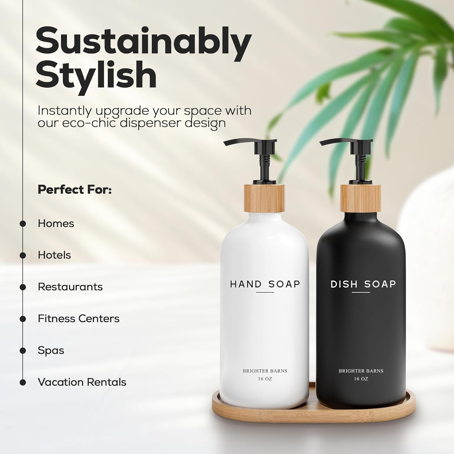 Luxury Glass Hand and Dish Soap Dispenser Set by Brighter Barns - Kitchen Soap Dispenser Set with Tray - Bamboo Soap Dispenser for Kitchen Sink - Boho Kitchen Decor, Modern Decor (Black/White)-1