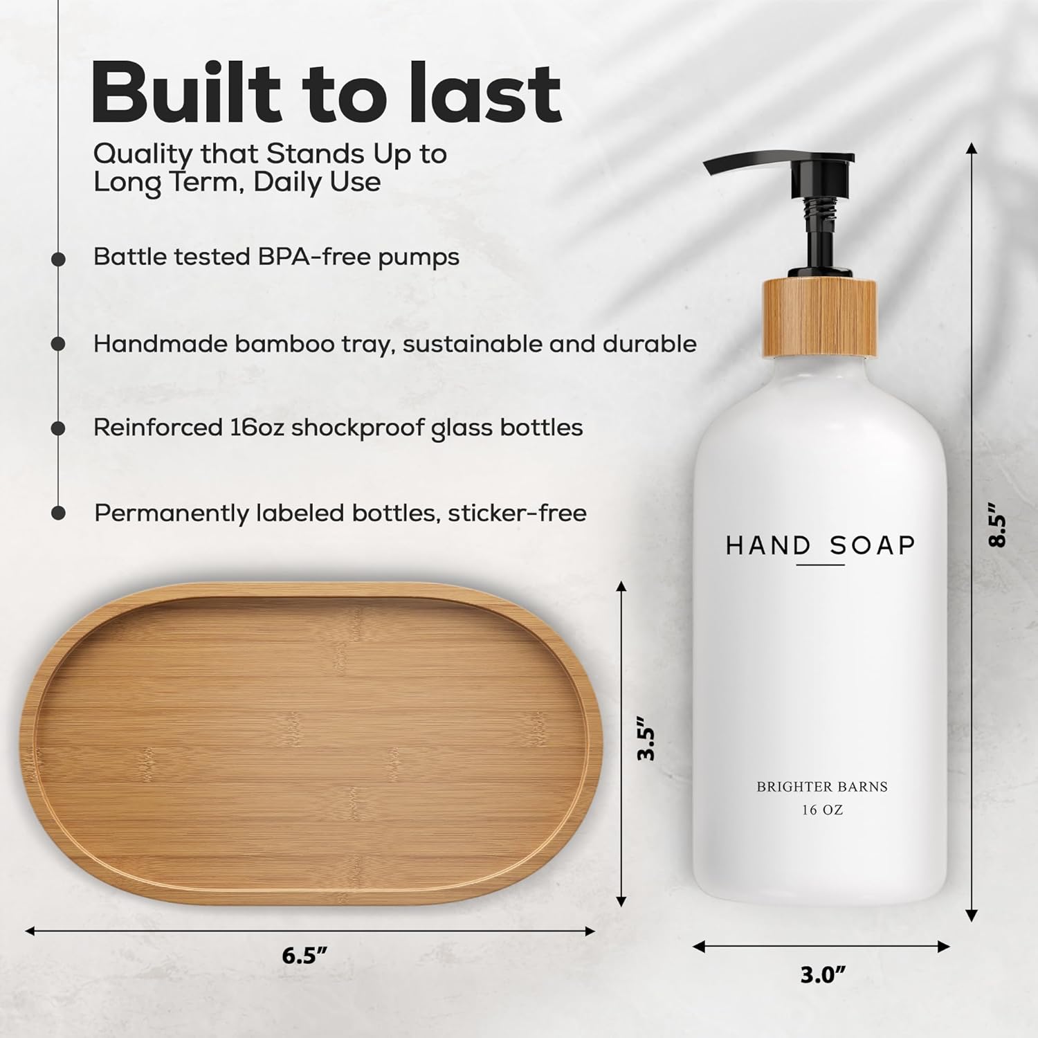 Luxury Glass Hand and Dish Soap Dispenser Set by Brighter Barns - Kitchen Soap Dispenser Set with Tray - Bamboo Soap Dispenser for Kitchen Sink - Boho Kitchen Decor, Modern Decor (Black/White)-2