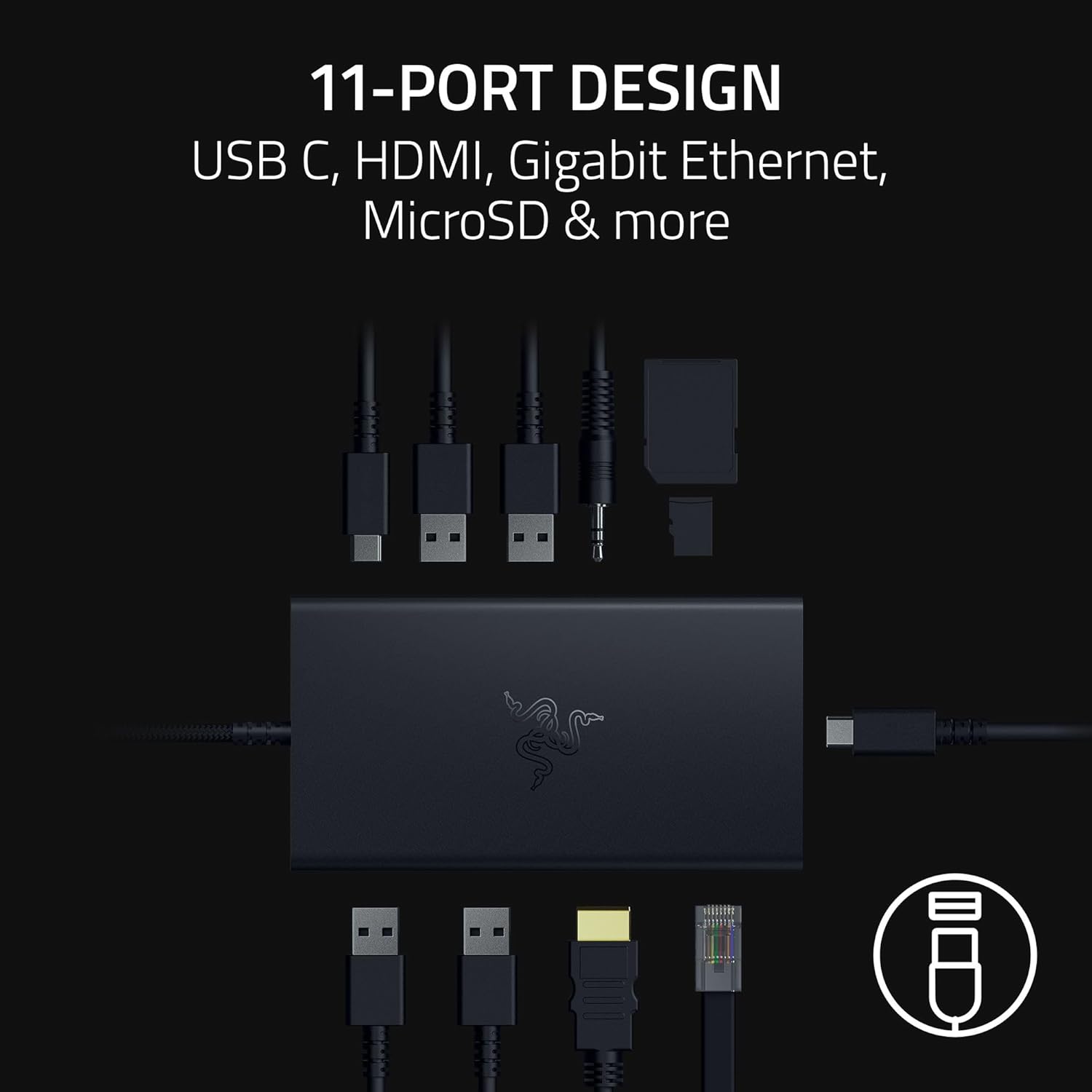 Razer USB C Dock 11-Port Travel Charging Station for Windows Mac Laptop iPad Surface Chromebook Galaxy Tab: Type C, HDMI, Ethernet, MicroSD - 4K 60 Hz Display - 85 W Tablets + Mobile Fast Charge-1