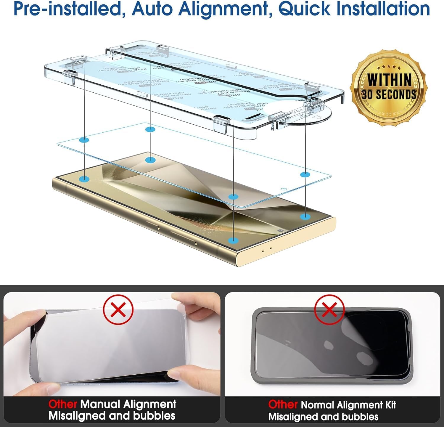 amFilm Auto-Alignment OneTouch for Samsung Galaxy S24 Ultra 6.8'' Screen Protector + Camera Lens Protector, Tempered Glass, 30 seconds Installation, Bubble Free, Case Friendly, Anti-Scratch [2+2 Pack]-2