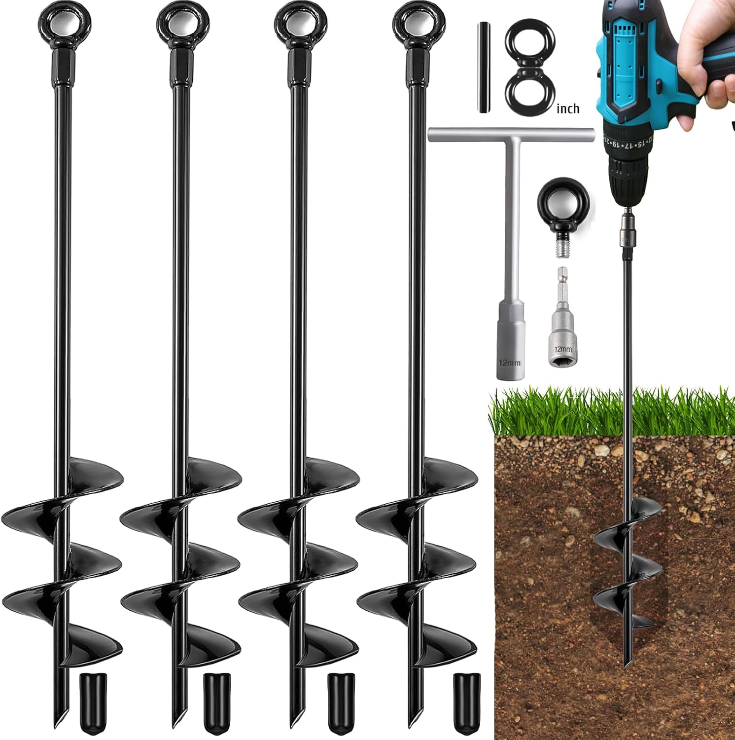 Ground Anchors Heavy Duty, Swing Set Anchor Kit 18 Inch 4 Pack Screw in Earth Anchors Trampoline Stakes High Wind Metal Auger Anchor for Shed Tent Carports Securing Animals Camping Mobile Home-0