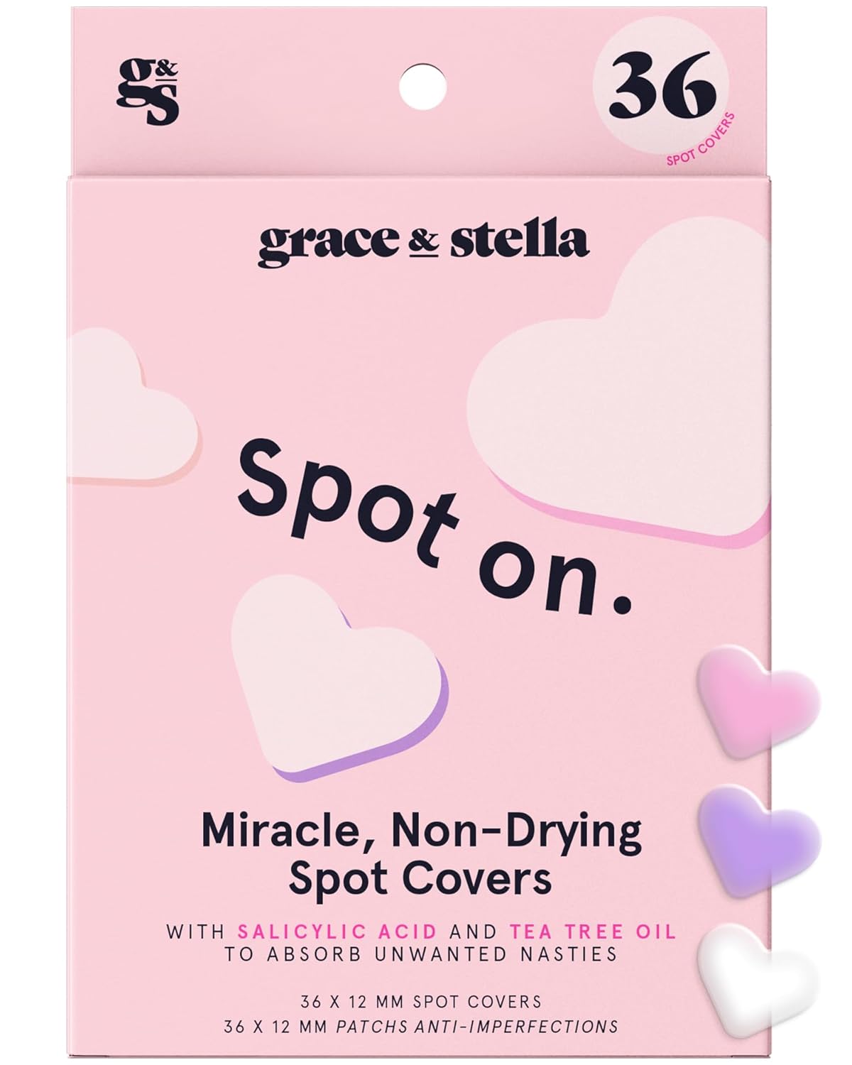 grace & stella Pimple Patches For Face (Heart, 36 Count) - Hydrocolloid Acne Patches for Face - Dermatologist Tested, Vegan, Cruelty-Free Zit Patches for Face, Blemish Patches, Pimple Stickers-0