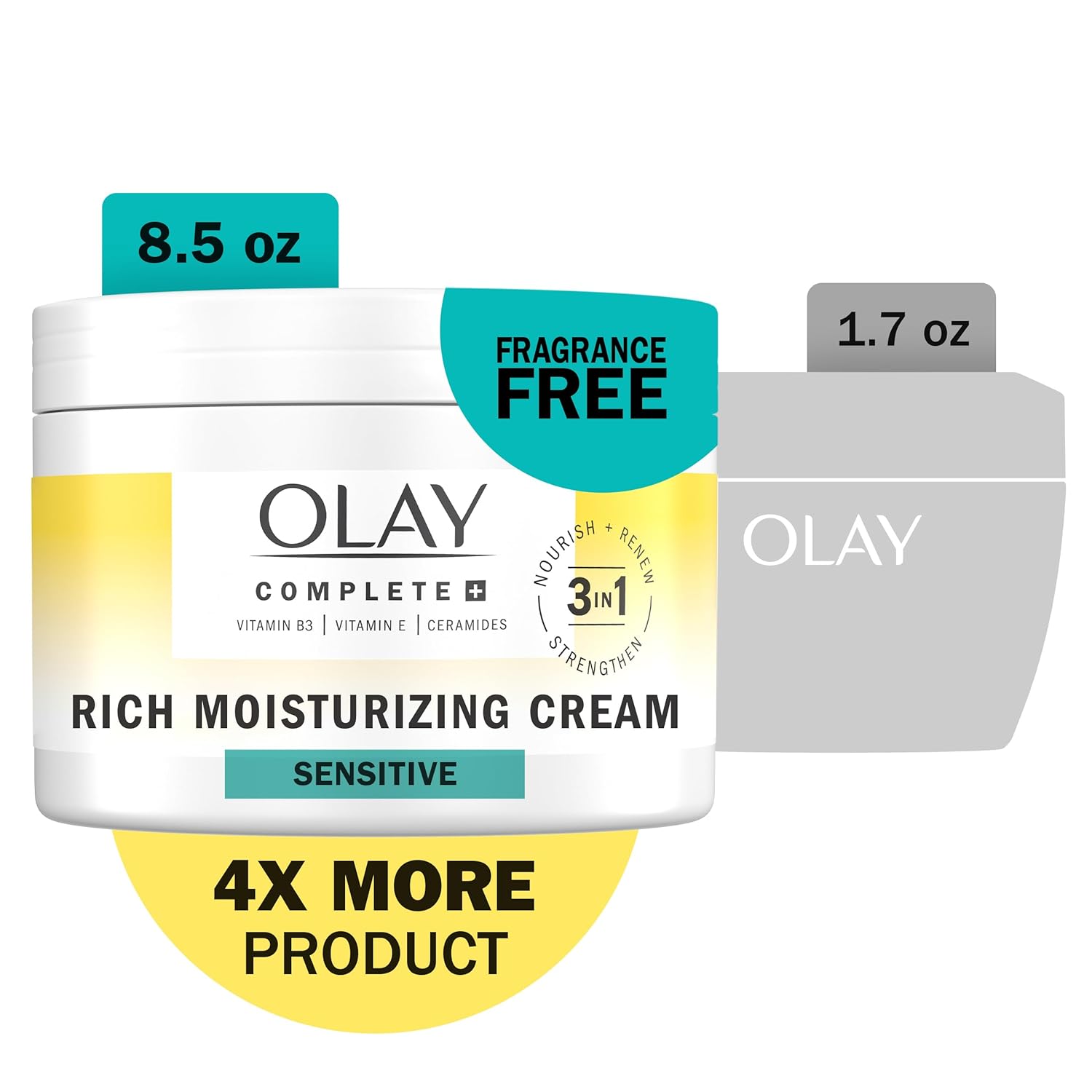 Olay Complete+ Rich Moisturizing Cream Fragrance-Free, 8.5 OZ, 3-in-1 Hydrating Face Cream for Dry Skin with Vitamin B3, Vitamin E, and Ceramides-1