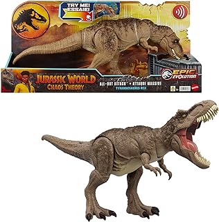 Mattel Jurassic World All-Out Attack Tyrannosaurus Rex Dinosaur Action Figure Toy, T. rex with Rampage Attack, Chomp & Roar & Evolved Spikes, Digital Play