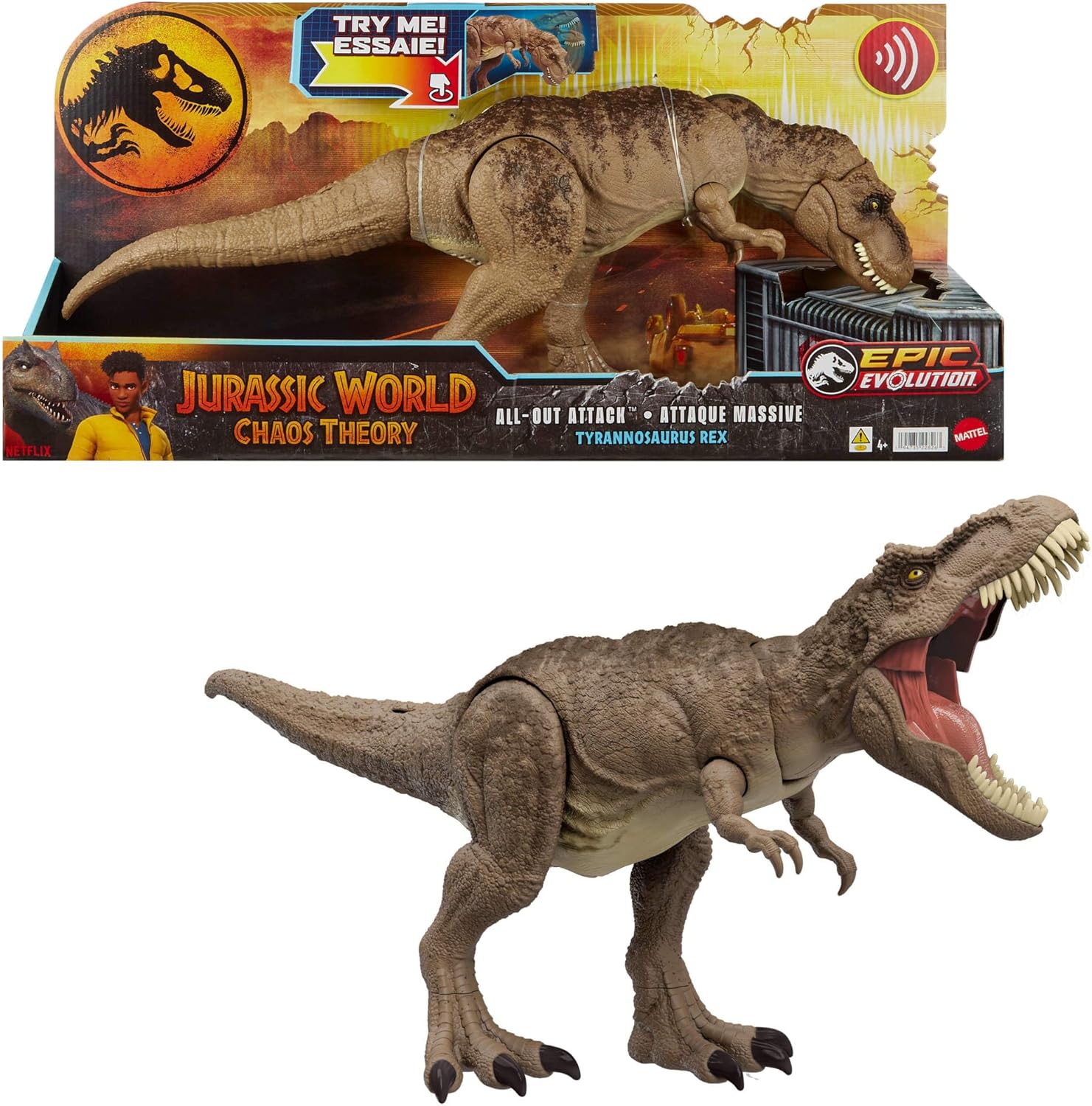 Mattel Jurassic World All-Out Attack Tyrannosaurus Rex Dinosaur Action Figure Toy, T. rex with Rampage Attack, Chomp & Roar & Evolved Spikes, Digital Play-0