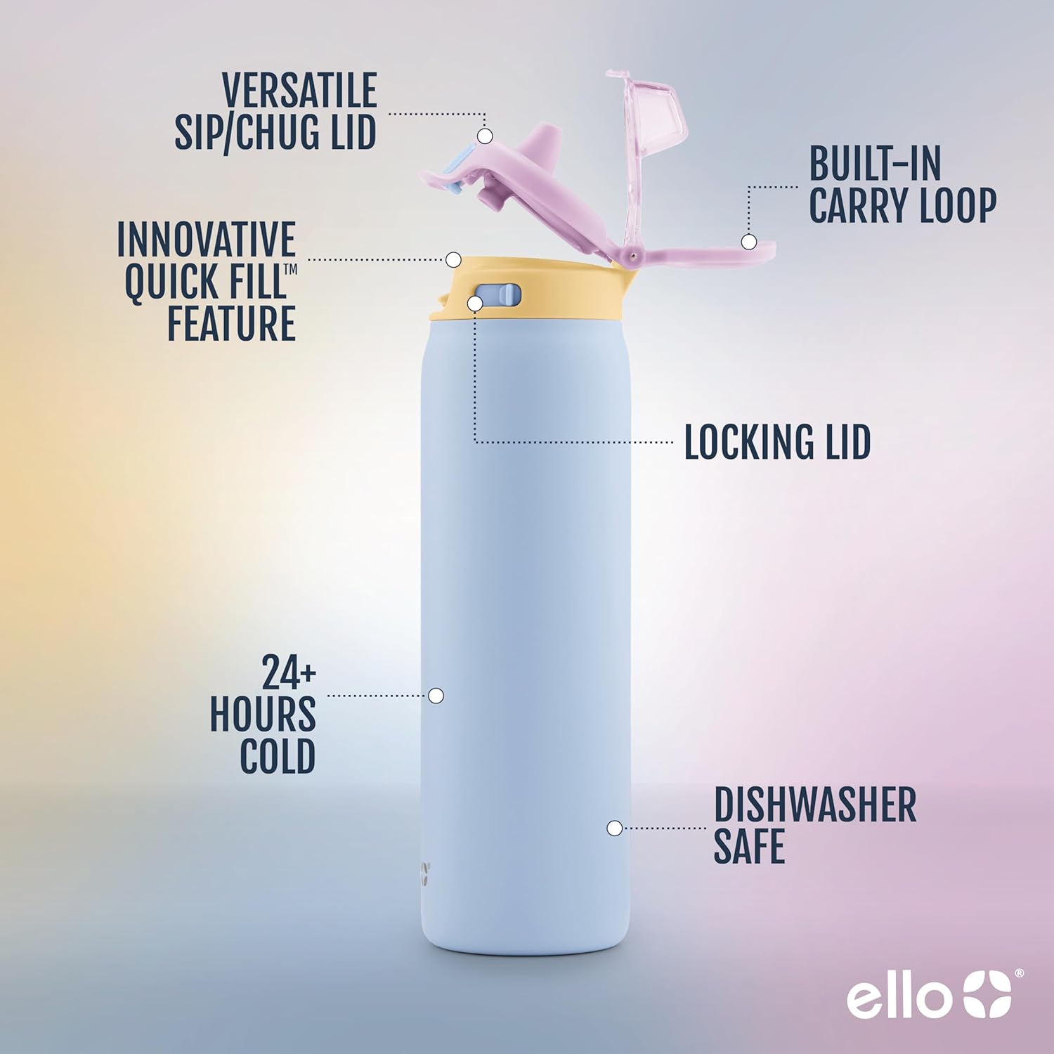 Ello Pop & Fill Stainless Steel Water Bottle with Quick Fill Technology, Double Walled Vacuum Insulated Metal, Leak Proof Locking Lid, Sip and Chug, BPA Free, Holiday Gift for Him Her, 22oz, 32oz-2