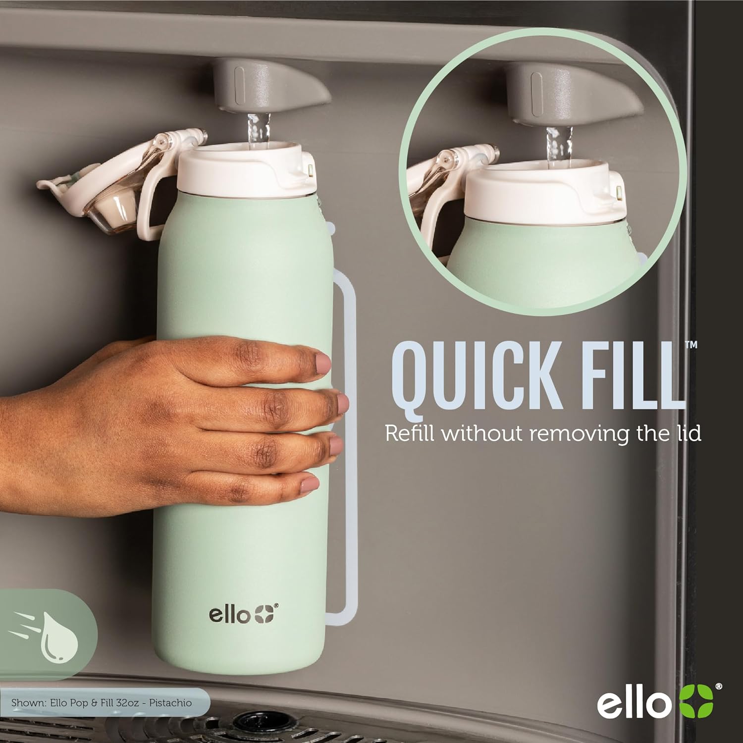 Ello Pop & Fill Stainless Steel Water Bottle with Quick Fill Technology, Double Walled Vacuum Insulated Metal, Leak Proof Locking Lid, Sip and Chug, BPA Free, Holiday Gift for Him Her, 22oz, 32oz-1