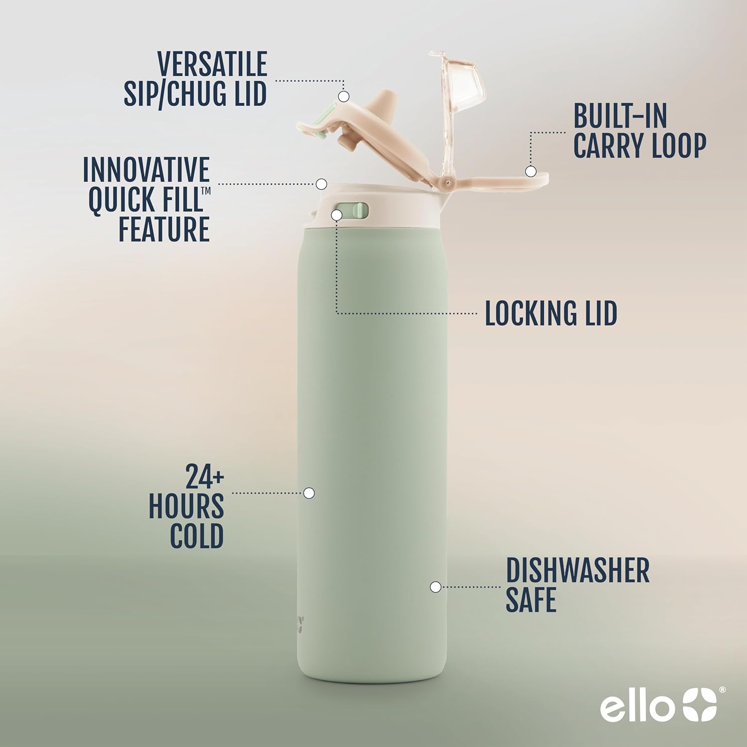 Ello Pop & Fill Stainless Steel Water Bottle with Quick Fill Technology, Double Walled Vacuum Insulated Metal, Leak Proof Locking Lid, Sip and Chug, BPA Free, Holiday Gift for Him Her, 22oz, 32oz-2