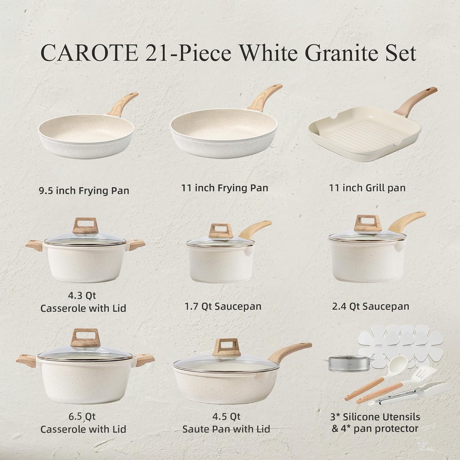 CAROTE 21pcs Pots and Pans Set Nonstick, Cookware Set White Granite Induction Kitchen Cooking Set w/Frying Pans & Saucepans& Grill Pan(PFOS, PFOA Free)-1