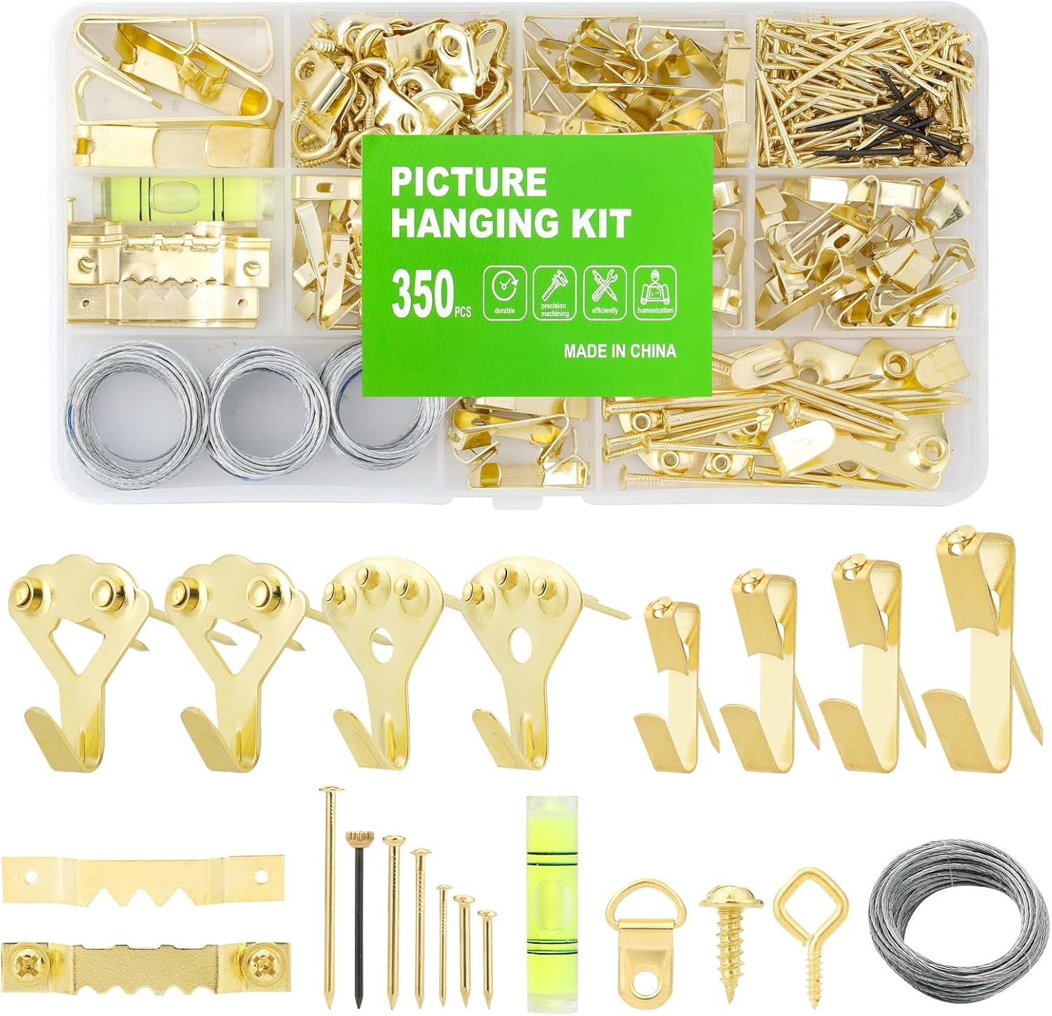 350PCS Picture Hanging Kit, Heavy Duty Photo Frame Hangers with Sawtooth Hardware, D Rings, Nails, Level, Screws, Steel Wire for Picture, Painting, Mirror, Wall Art Mounting-0