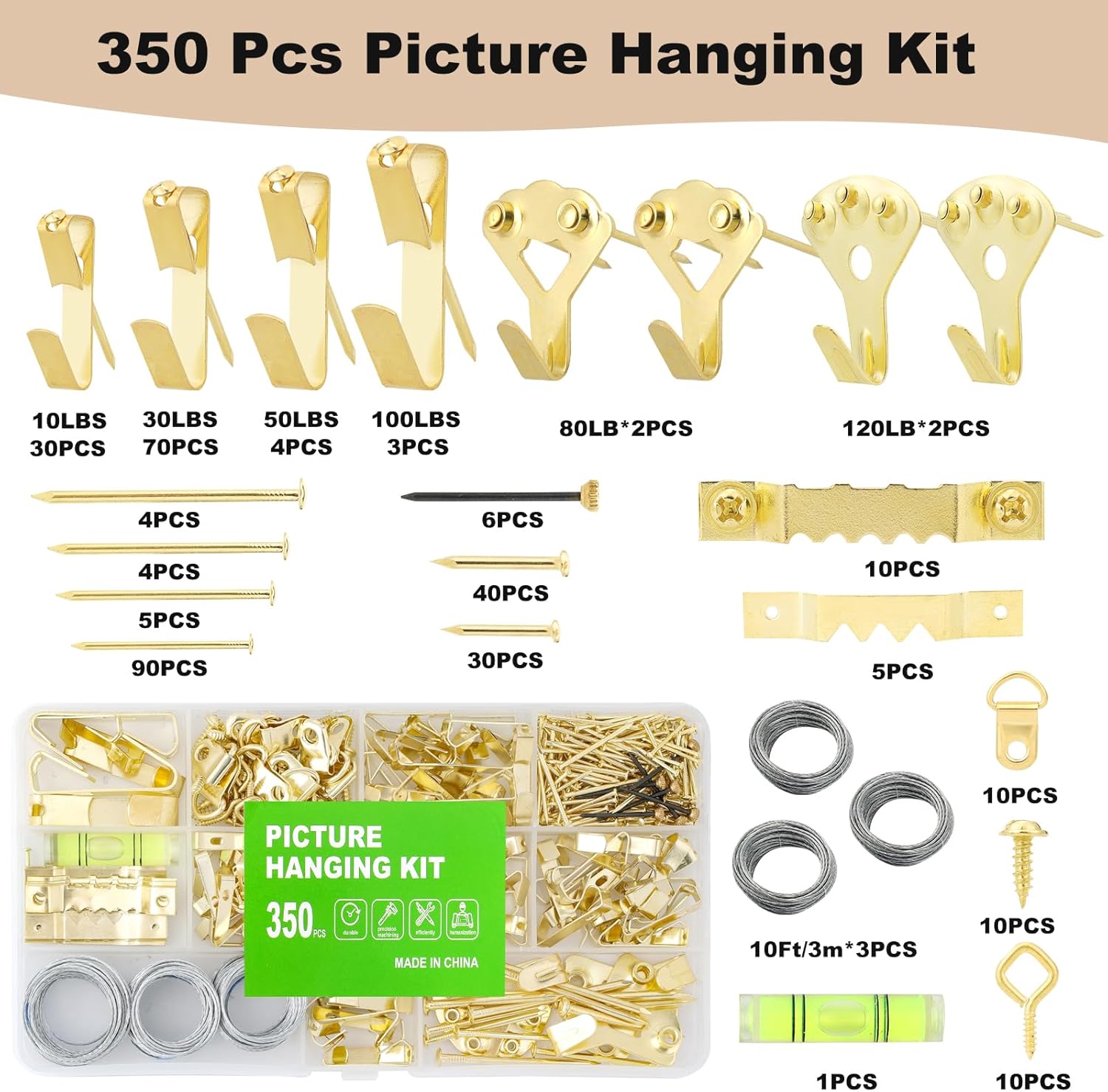 350PCS Picture Hanging Kit, Heavy Duty Photo Frame Hangers with Sawtooth Hardware, D Rings, Nails, Level, Screws, Steel Wire for Picture, Painting, Mirror, Wall Art Mounting-1