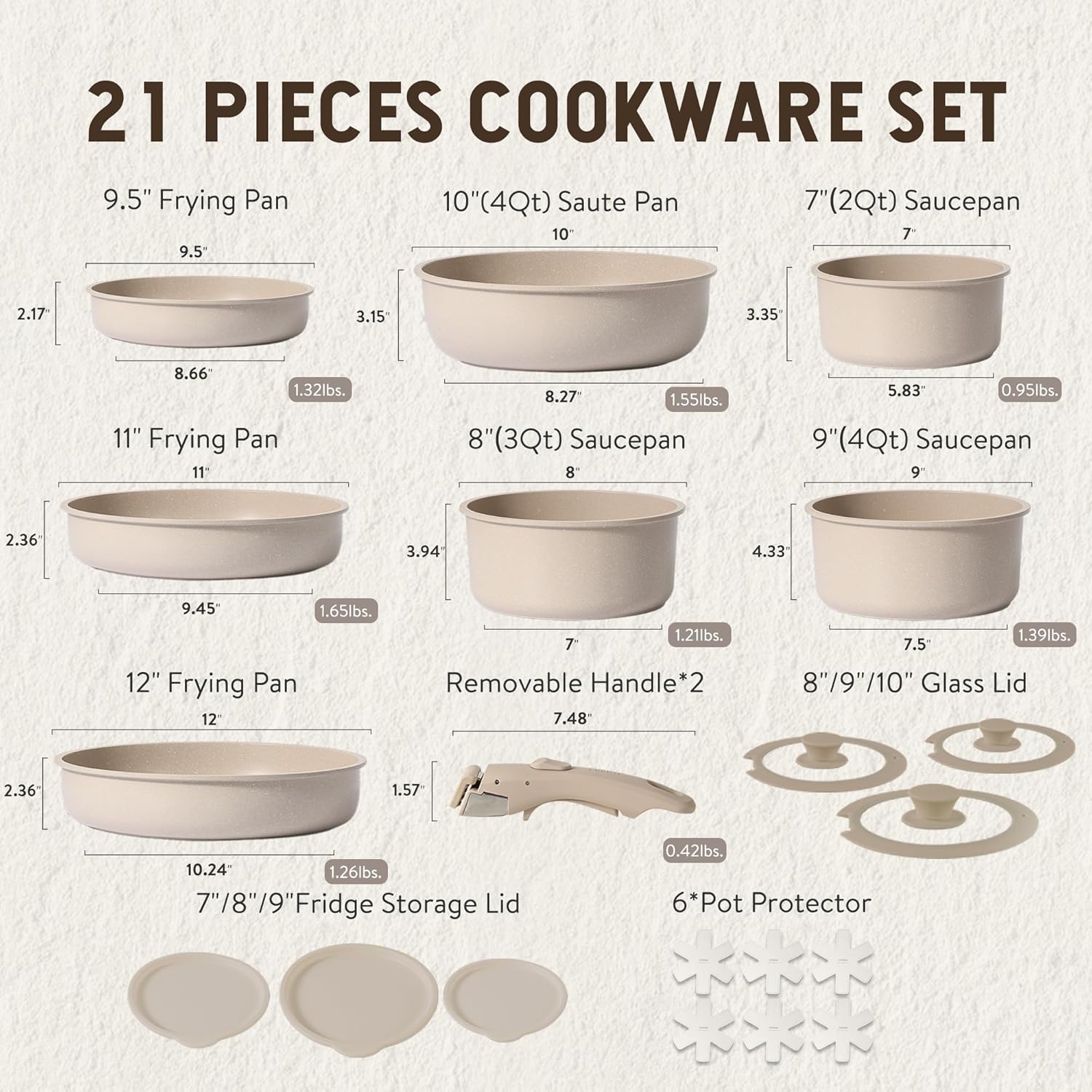 CAROTE 21pcs Detachable Handle Pots and Pan Set, Nonstick Induction Cookware, Removable Handle, RV Oven Safe Cookware, Taupe-1