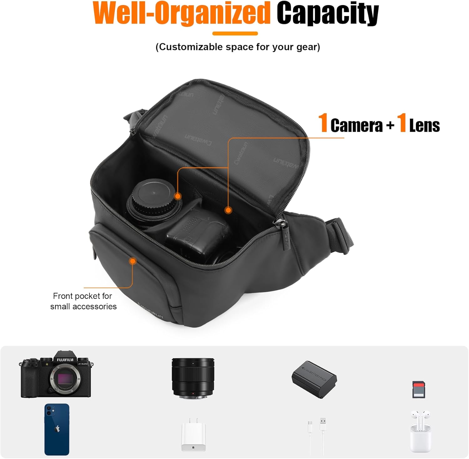 Waterproof Camera Waist Bag - Cwatcun Compact Camera Case, Lightweight Portable Fanny Pack, Daily Carry Storage Case Crossbody Bag for Canon, Nikon, Sony, Fuji DSLR/SLR/Mirrorless Camera, Lens, Black-2