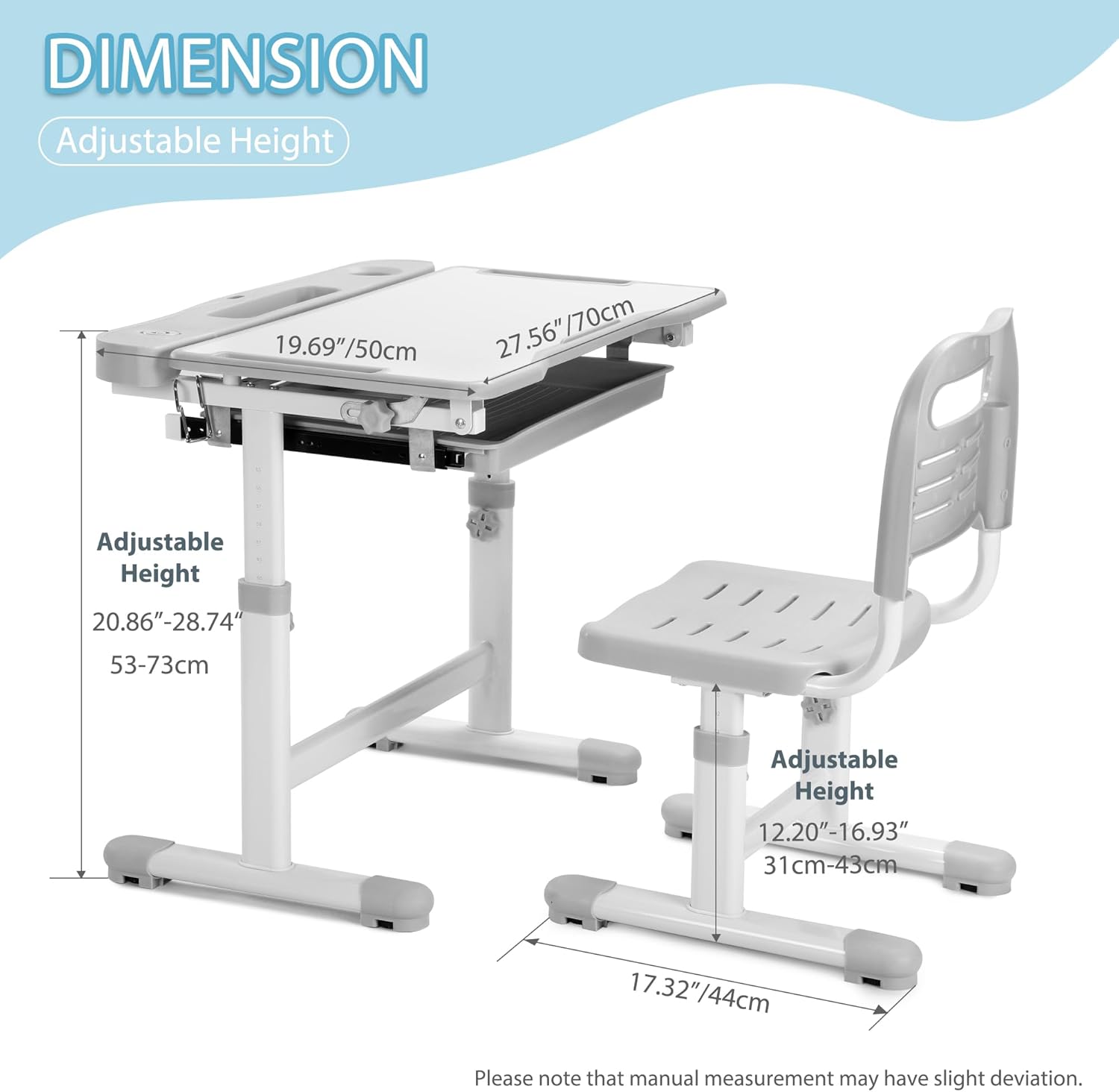 Rengue Kids Desk and Chair Set Height Adjustable School Study Desk and Chair with 55° Tiltable Desktop, 3 Modes&3 Brightness LED Lamps, Storage Drawer and Metal Hook for Boys Girls, Grey-2